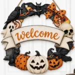 Halloween Wreath Front Door Wooden Pumpkin Ghost Welcome Door Decor